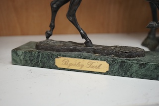Osborne, three bronze models of horses, Darley Arabian and Byerley Turk, another similar model plus a spelter model of a horse (4). Tallest 25cm high. Condition - possibly with light cleaning the marks maybe removed from